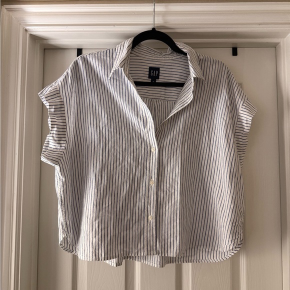 GAP Linen Blend Crop Shirt - Blue and White Striped - Picture 1 of 3